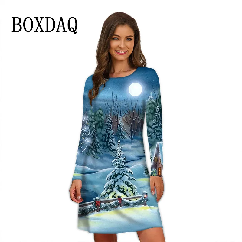 Winter Christmas Tree Dresses For Women 2024 Oversized Clothing Long Sleeve Natural Scenery Print Dress Casual Loose Mini Dress