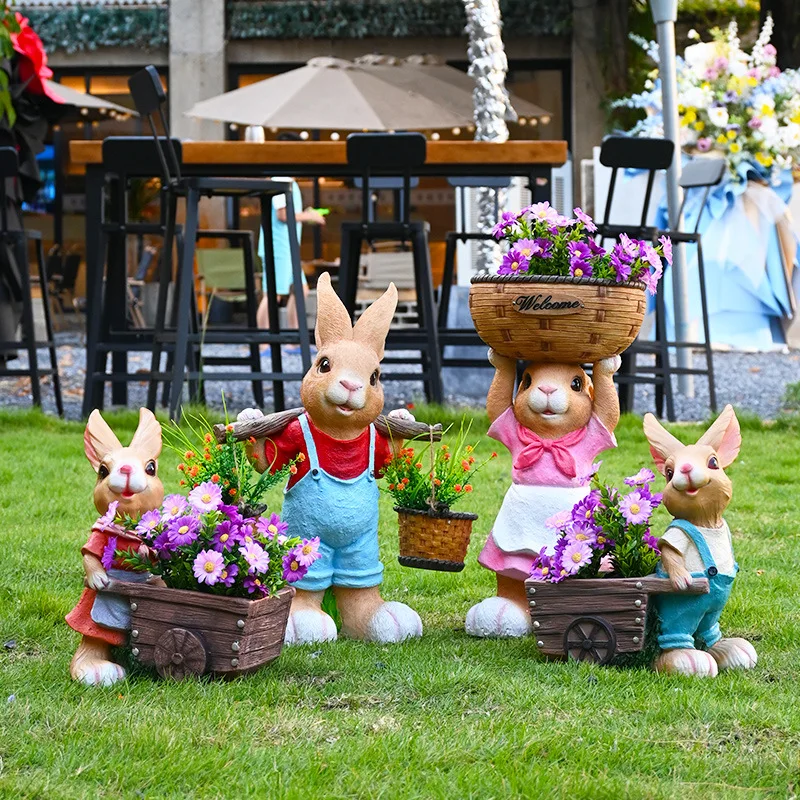 Outdoor Rabbit Flower Cylinder Whimsical Animal Planter for Garden Decor Cartoon Sculpture for Lawn Courtyard Landscape Ornament