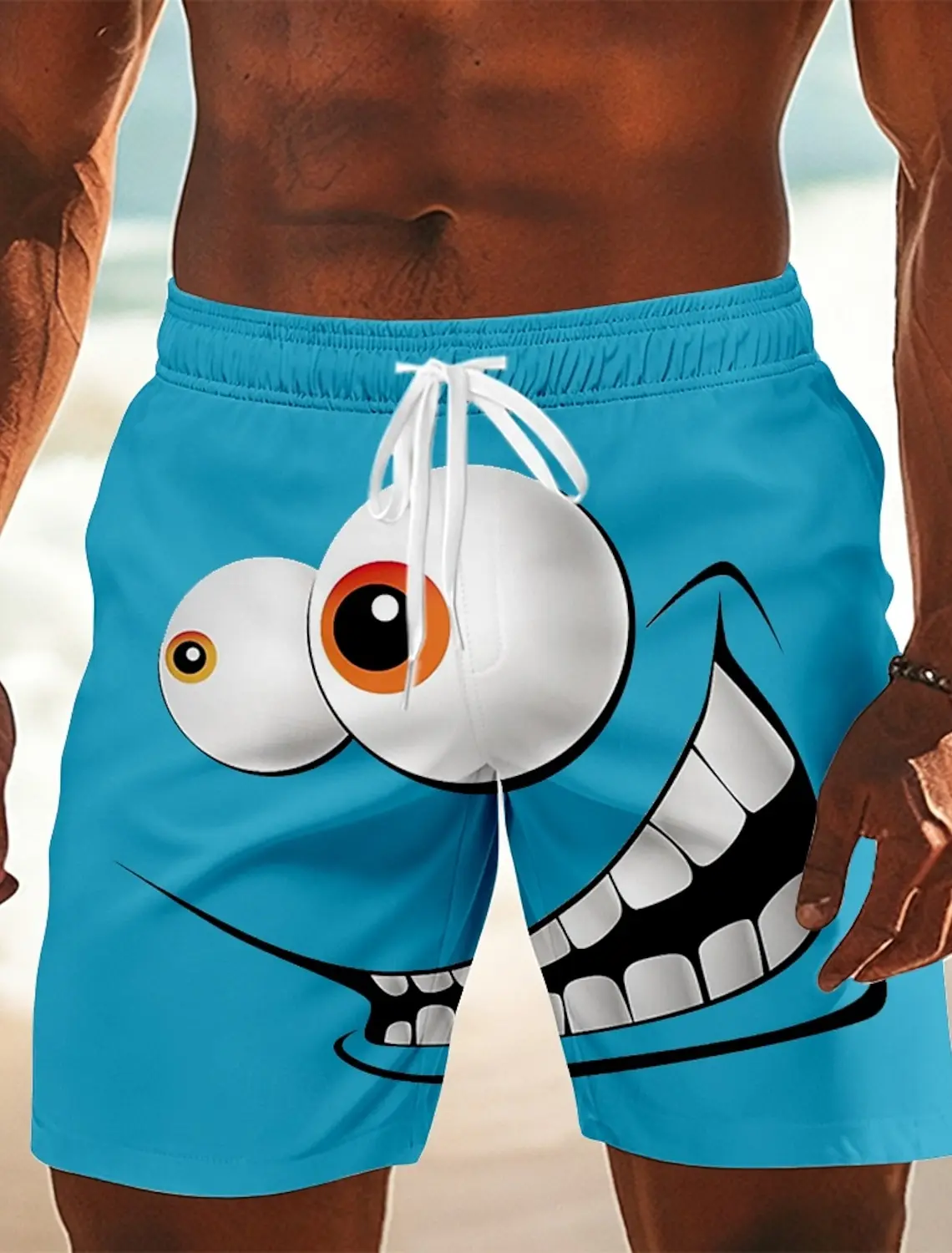 

Men's Spring Summer Casual Shorts, Blue Cartoon Monster Face Print Drawstring Swim Trunks for Holiday Beach & Casual Wear
