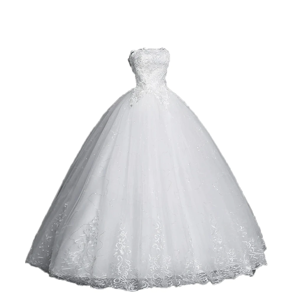 Luxury White Lace Appliques Wedding Dress Classic Strapless Long Puffy Bridal Dress