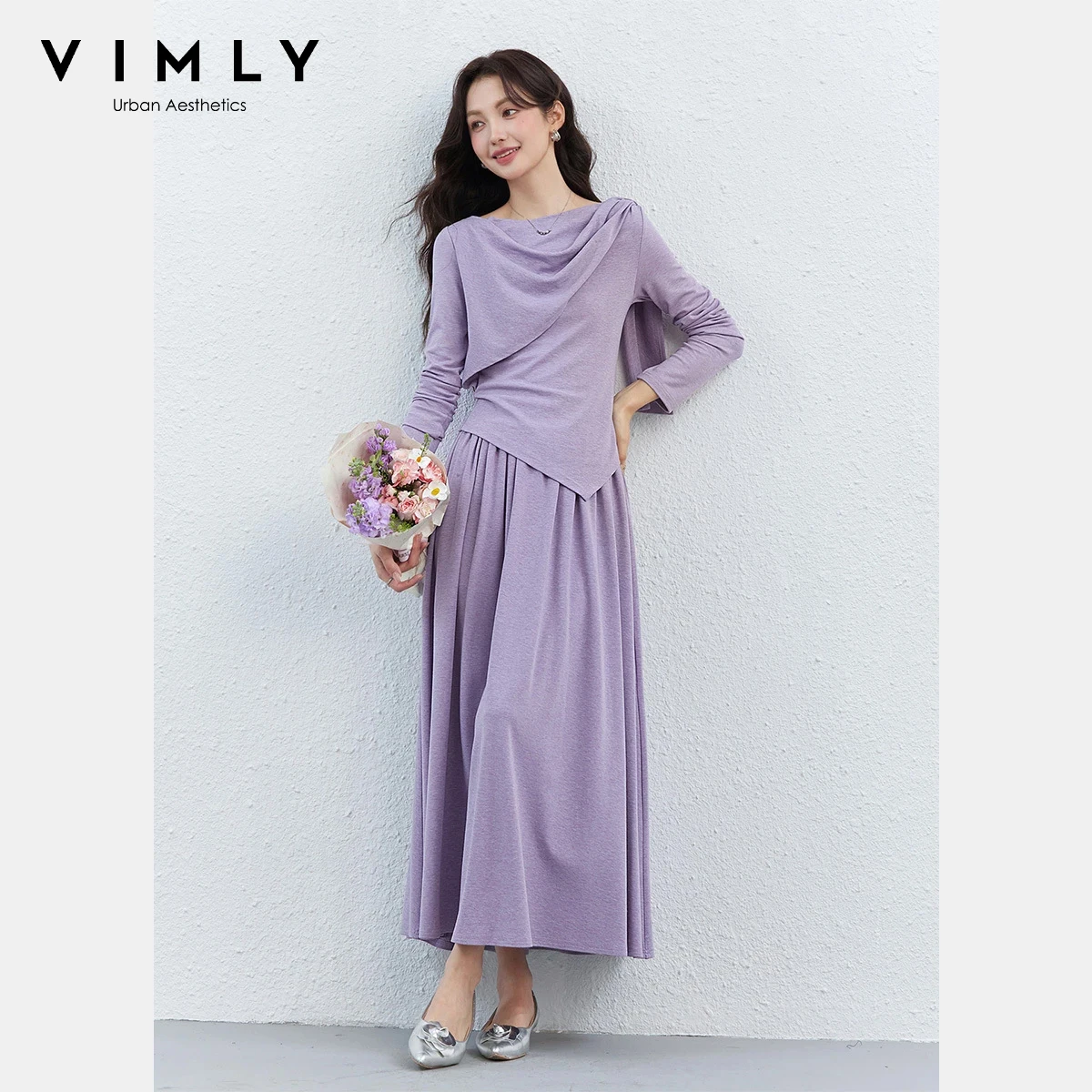 

VIMLY Women's 2 Piece Set 2026 Spring New Purple Elegant Adjustable Draped Neck Long Sleeve Top Casual Slim Midi Skirt Set 30777