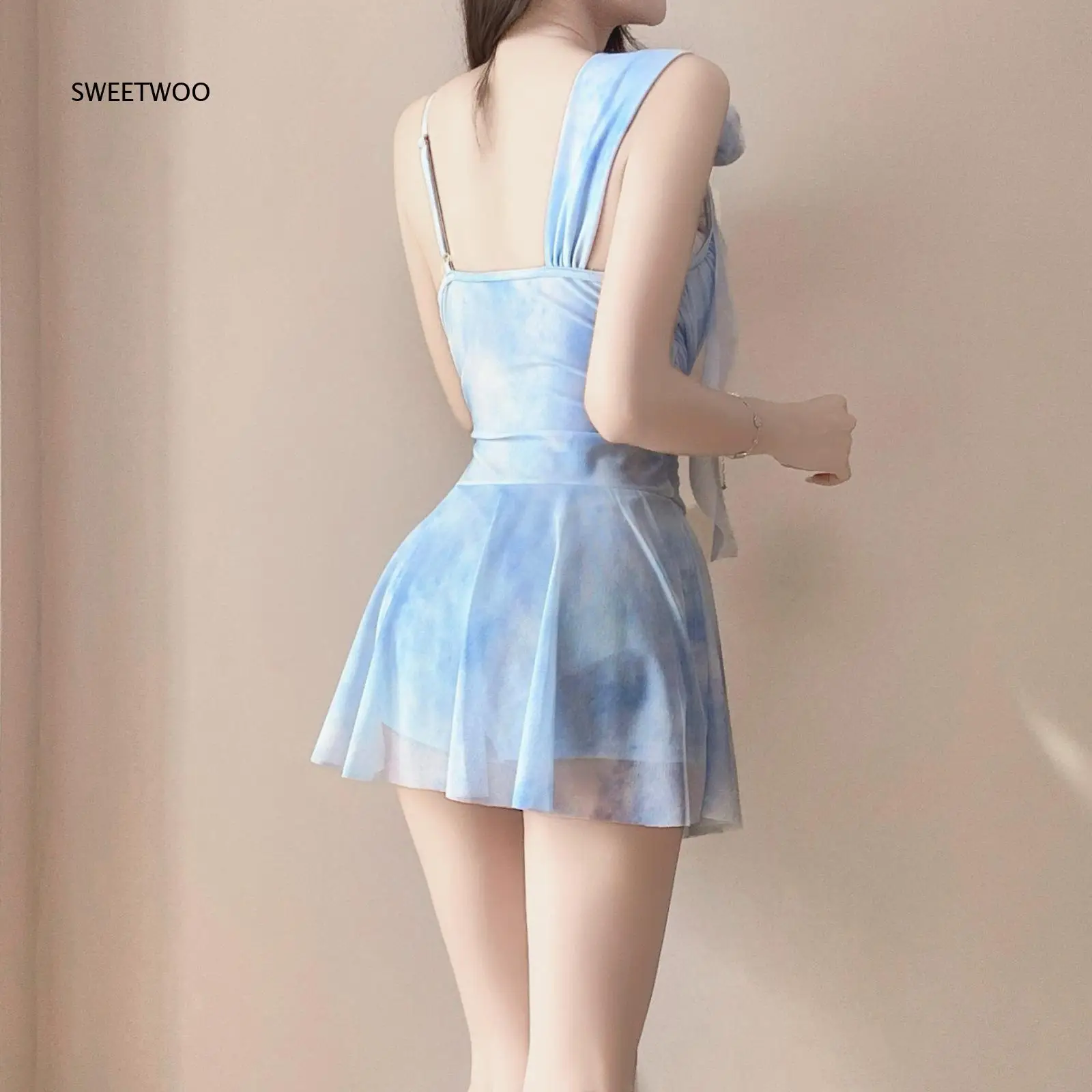 Women One Piece Mesh Swim Dress Draped Cowl Neck 3D Flower Decor Ruched Waist Skirted Hem Bathing Suit For Beach Pool Party