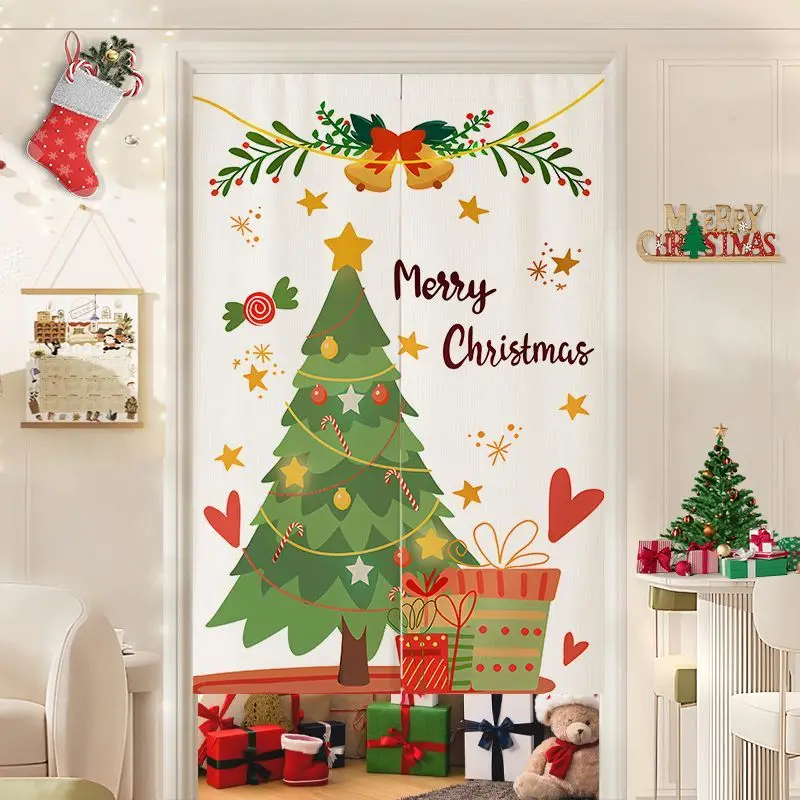 VIKAMA Christmas Sale Pine Door Curtain Cream Special Offer Fir Branch Star Scarlet Emerald Kitchen Dining Entryway Party Soft