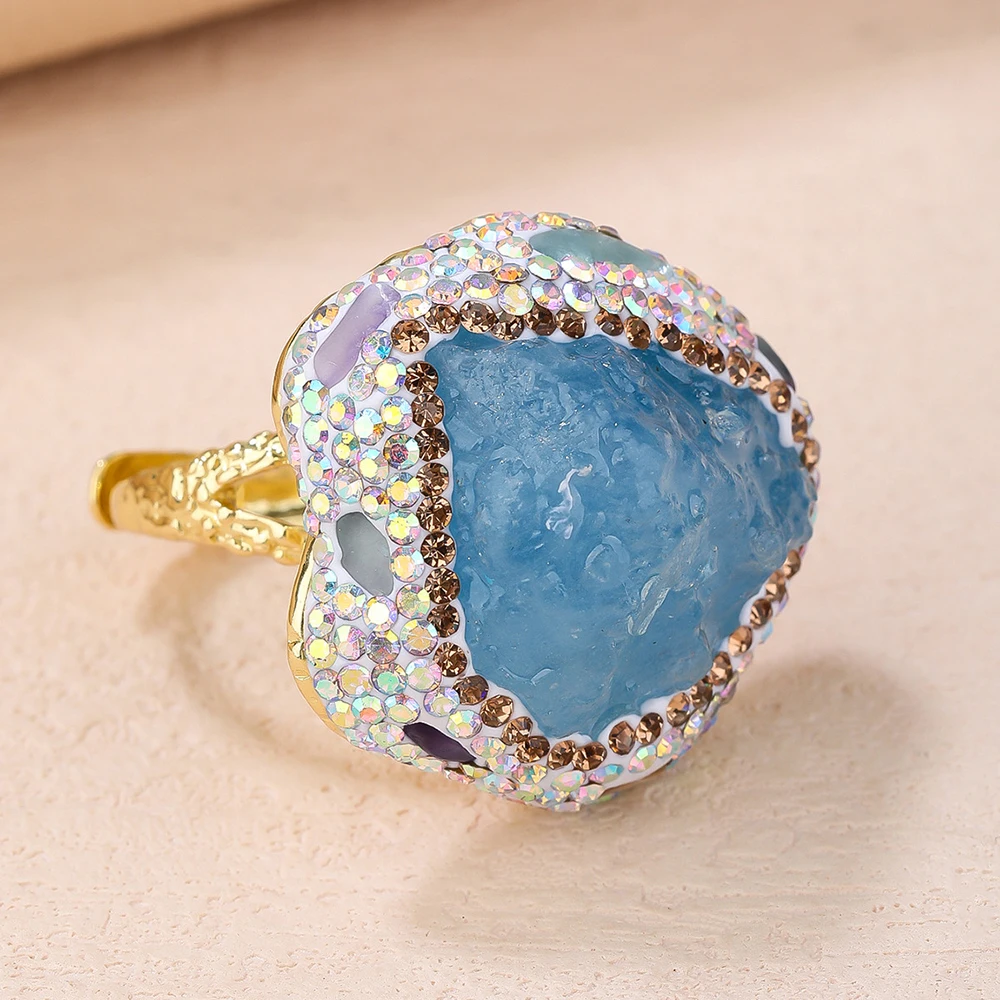 Handmade Natural Amethyst Druzy Aquamarine Raw Stone Ring Irregular Crystal Adjustable Opening Boho Women's Jewelry Gift for Her