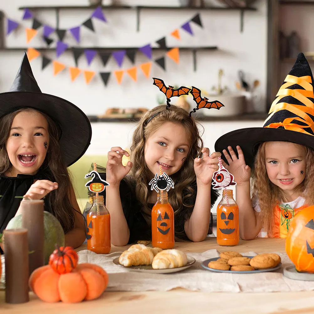 

1 set Halloween Witch Decorative Paper Straws Drinking Tools Beverage Party Supplies Spider Skull Eye Pumpkin Themed for Bars