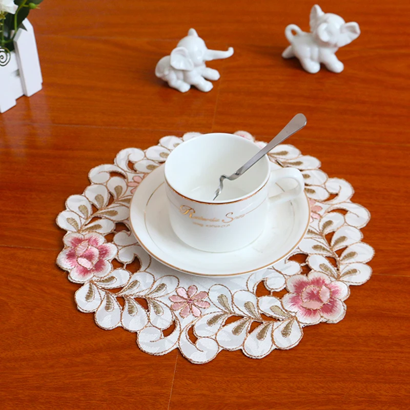 1pc Satin Rose Flower Embroidery Place Table Mat Cloth Pad Cup Doily Napkin Coaster New Year Placemat Christmas Wedding Kitchen