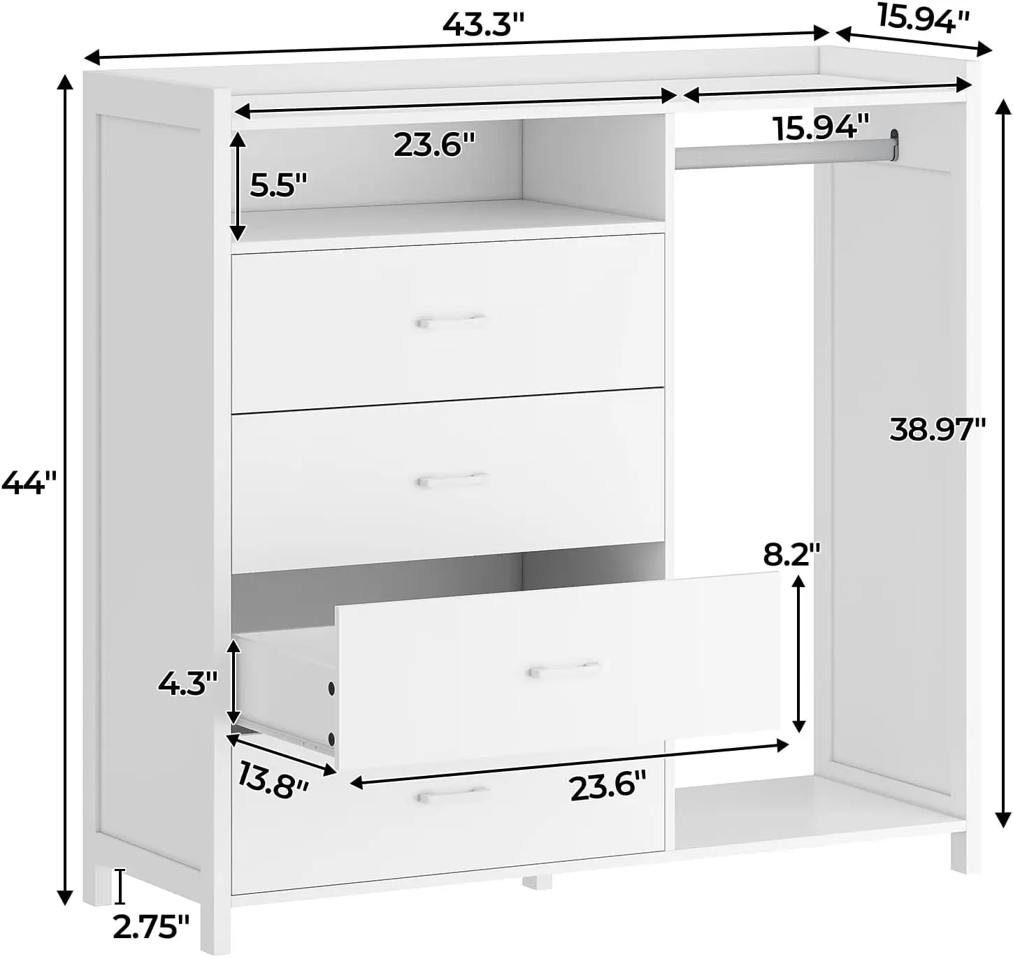 White Dresser for Bedroom with Clothing Rack, Dressers& Chests of Drawers, 4 Drawer Dresser with LED Lights,Modern Long Led Dres