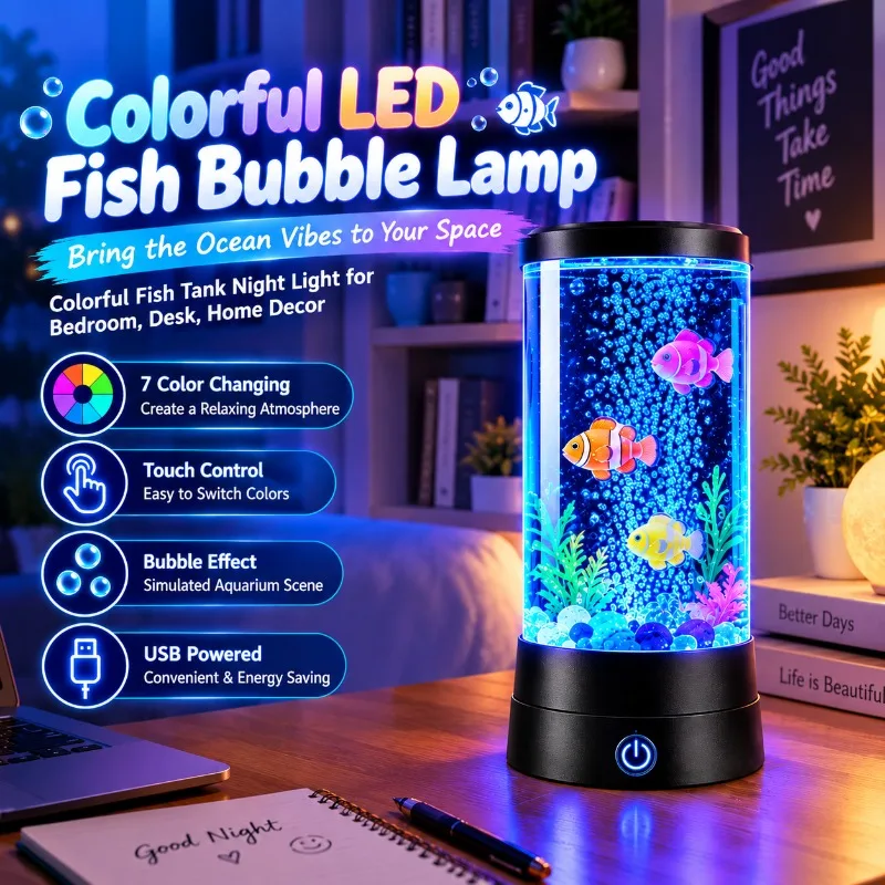 1PC Touch Control Fish Bubble Lamp LED Multi Color Changing Aquarium Night Light USB Powered Home Desk Bedroom Office Decoration