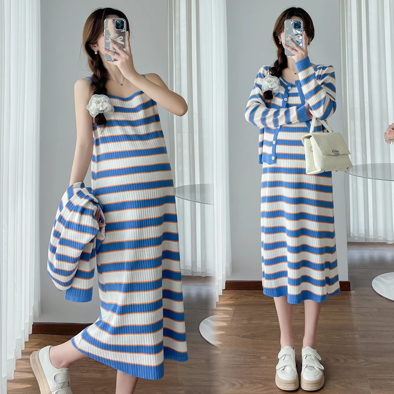 

Autumn Plus Size Pregnant Women Two-piece Clothing Set Block Color Striped Strap Dress+Long Sleeve Knitted Cardigans Twinset