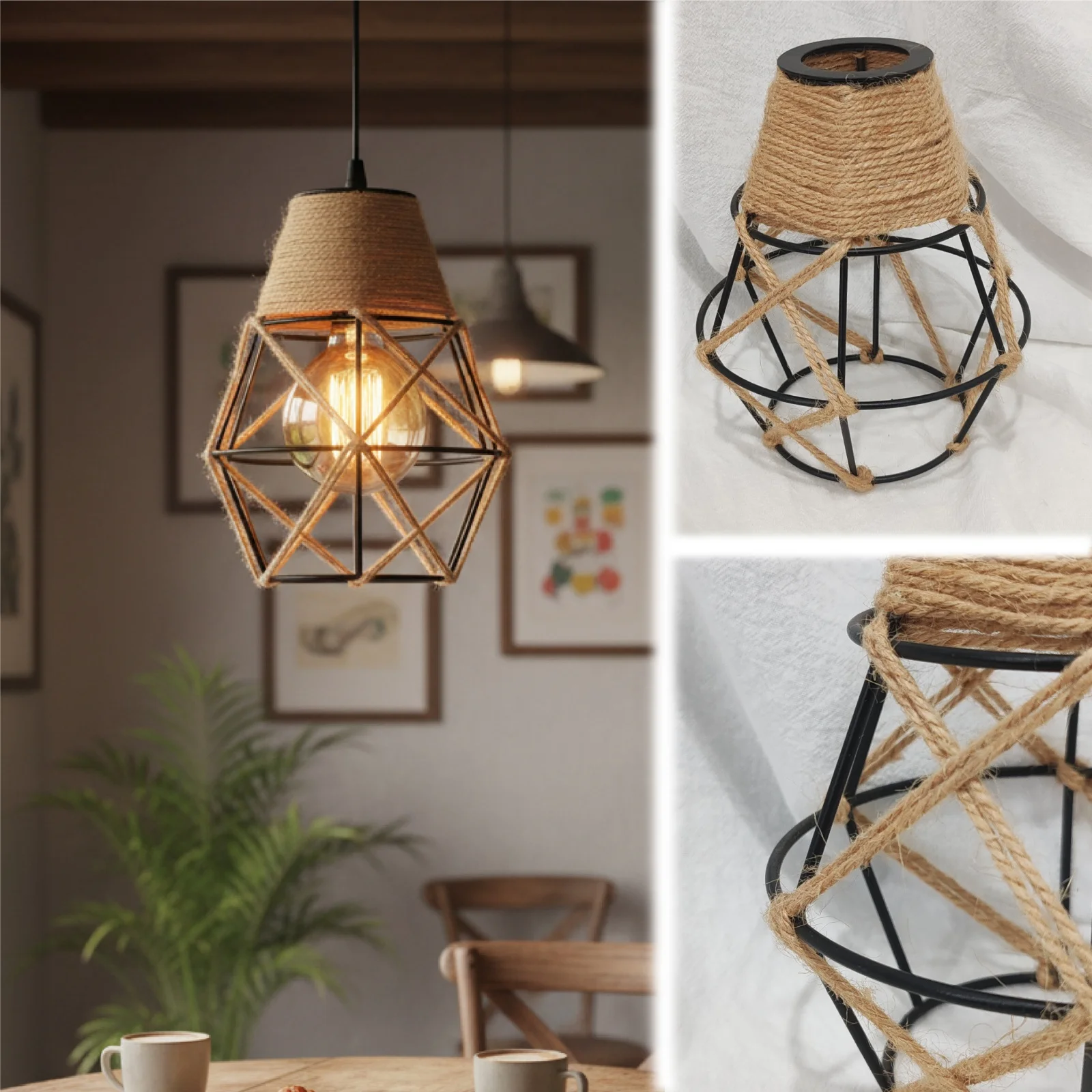 Handwoven Jute Diamond Cage Lampshade Mini Pendant Lamp Cover Industrial Farmhouse Kitchen Restaurant Decor