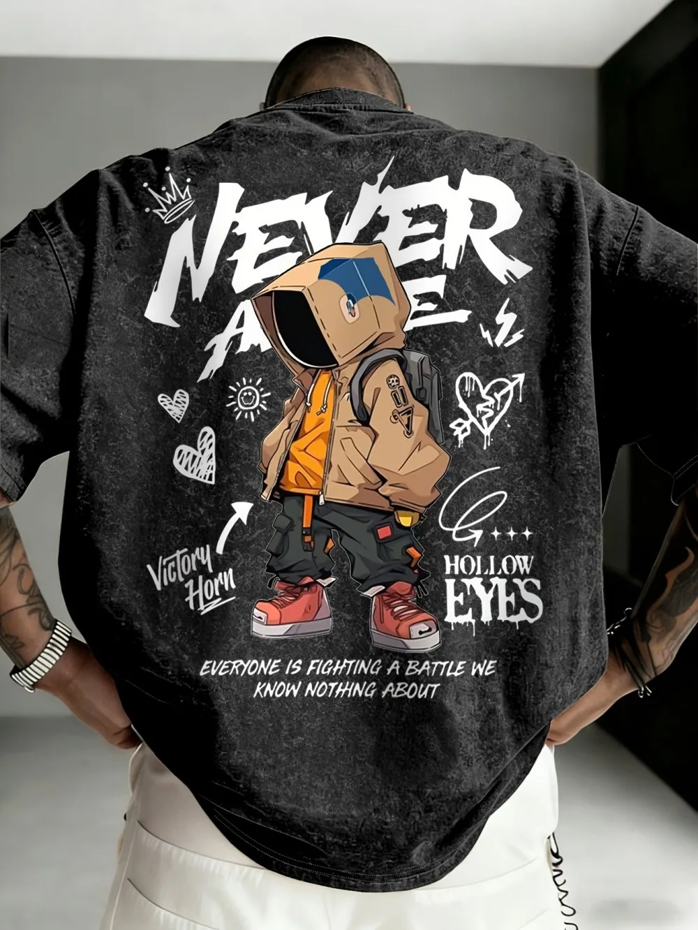 American men's summer popular cartoon cardboard box letter print micro elastic breathable round neck T-shirt outdoor street top