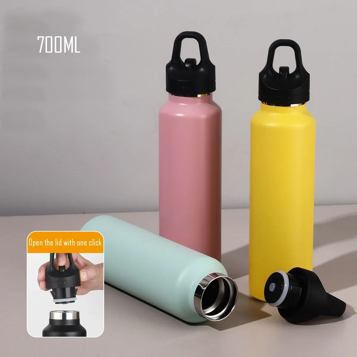 700ml Stainless Steel  Water Bottle,Double layer,Non-threaded Quick-opening Lid With Portable Handle,Outdoor Sports Thermos CUP