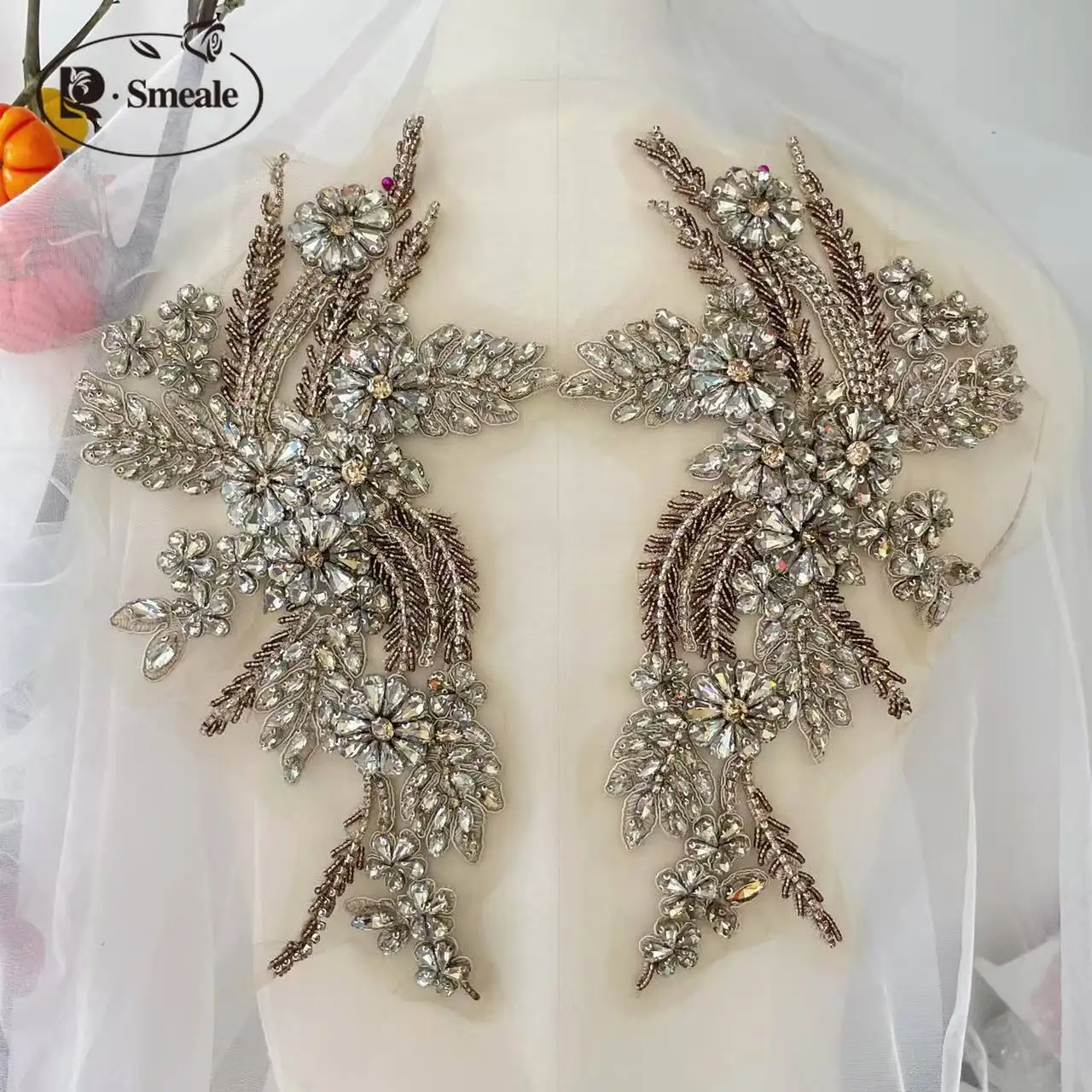 Handgenähte Strass-Mäntel, Spiegelblumen, Funkelnde Strass-Mäntel, Taillenbänder, Schultern, Hochzeitskleid, DIY-Applikationen, Neue Farbe – Detail 8