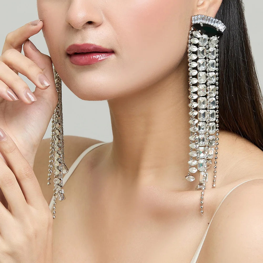 Amazon hot-selling long fringed earrings exaggerated rhinestone earrings fashion jewelry women's earrings