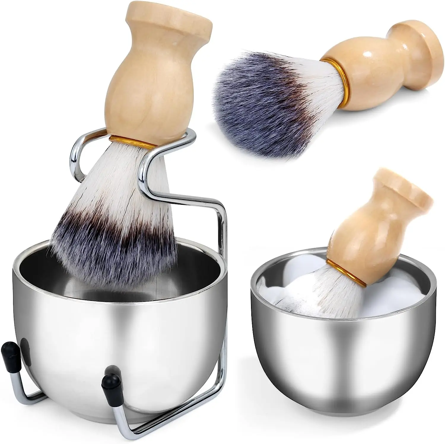 Mens Shaving Brush and Bowl Set, 3-in-1 Shaving Brush Kit Wood Handle with Stainless Steel Shaving Bowl & Brush Stand, Perfect S