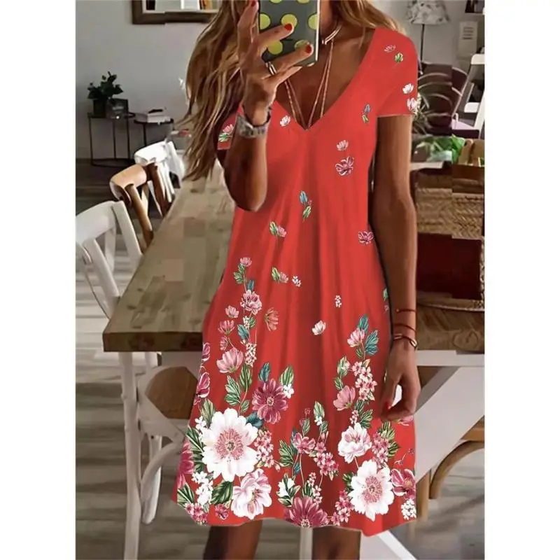 

Plus Size Lady Spring Summer Dress Women V-Neck Short Dresses Elegant Casual Bohemian Clothing Women Beach Party Dress Woman