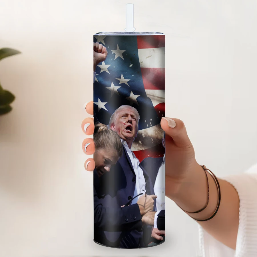 20oz Stainless Steel Insulated Tumblers Straw Lid 3D Print Trump Speech “Never Give Up”Outdoor Travel Straight Cups Party Gifts