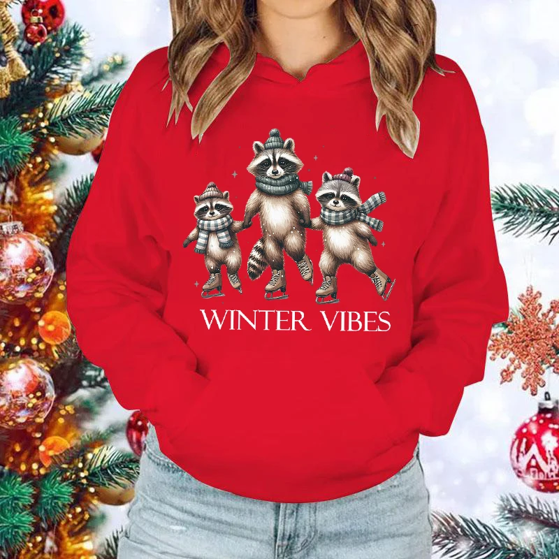 

New Christmas Raccoon Winter Vibes Print Hoodie Sweathshirts Men Women Hooded Pullover Unisex Long Sleeve Hoodie Tops Couple Hoo