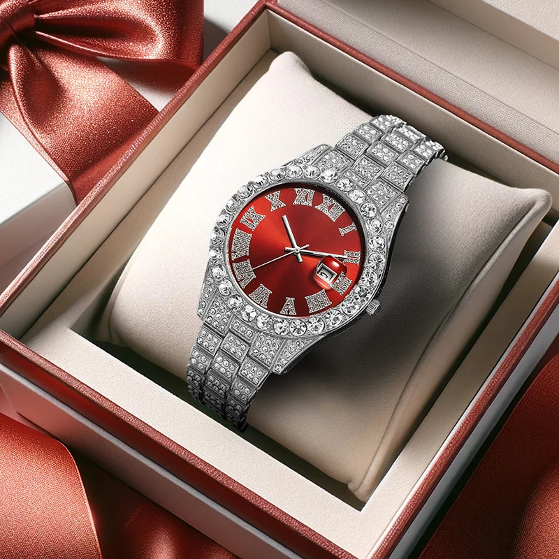 

A men's modern minimalist calendar watch with a red dial, silver band, full crystals, and quartz movement