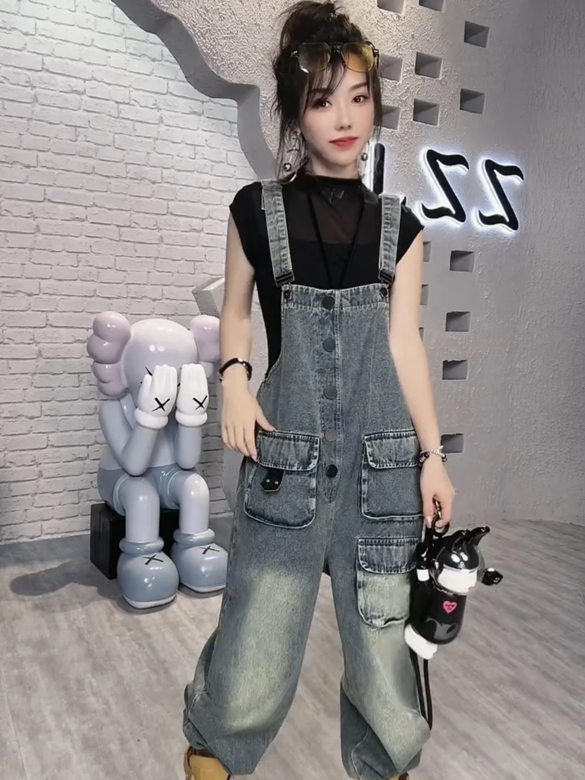

Casual Denim Overalls Women's Faion Loose Slimming Autumn New Korean Sle High Waist Long Pants Blue Wear Resistant