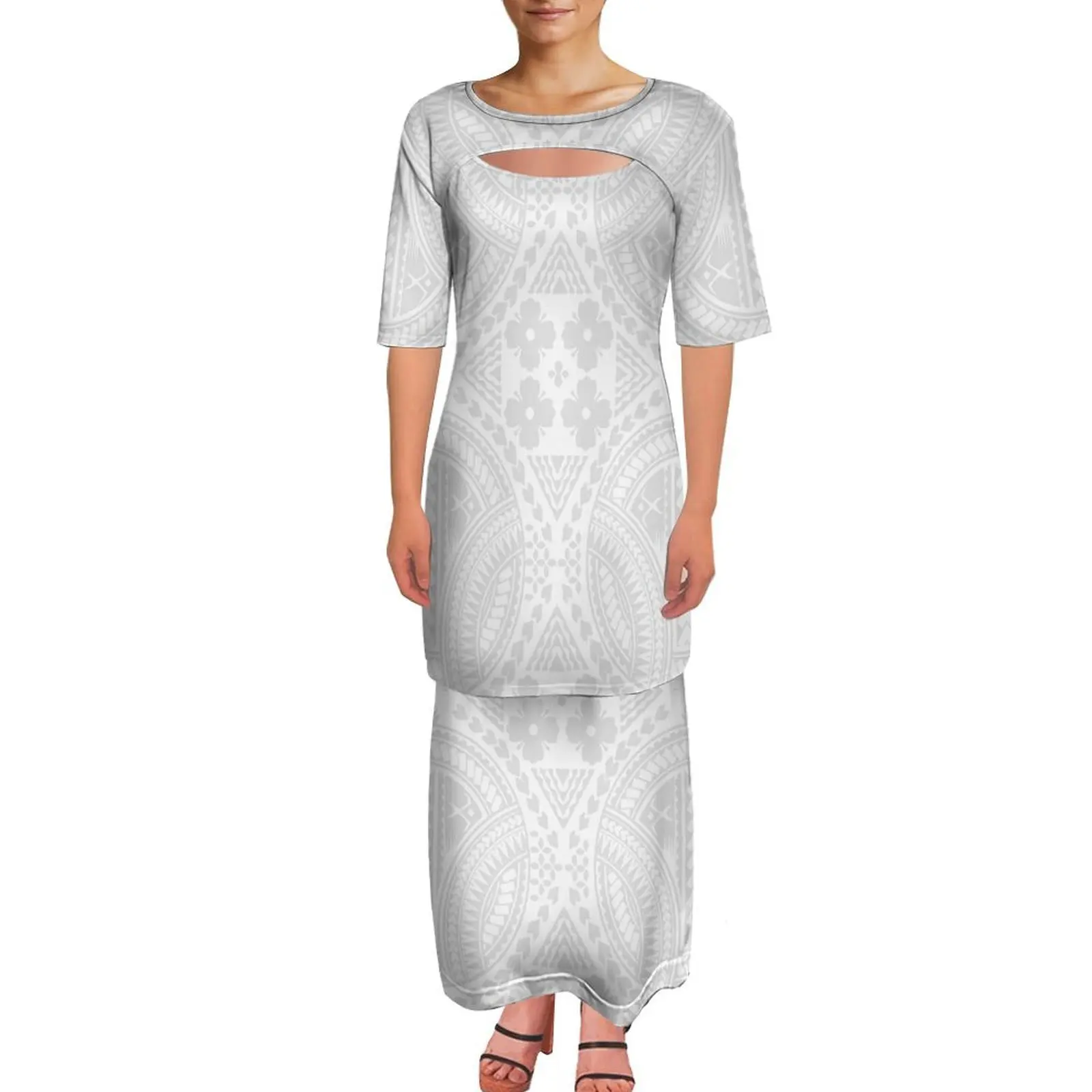 

Polynesian Custom Women'S Dress Summer Short-Sleeved Round-Neck Design With Openwork Pattern Samoan White Puletasi
