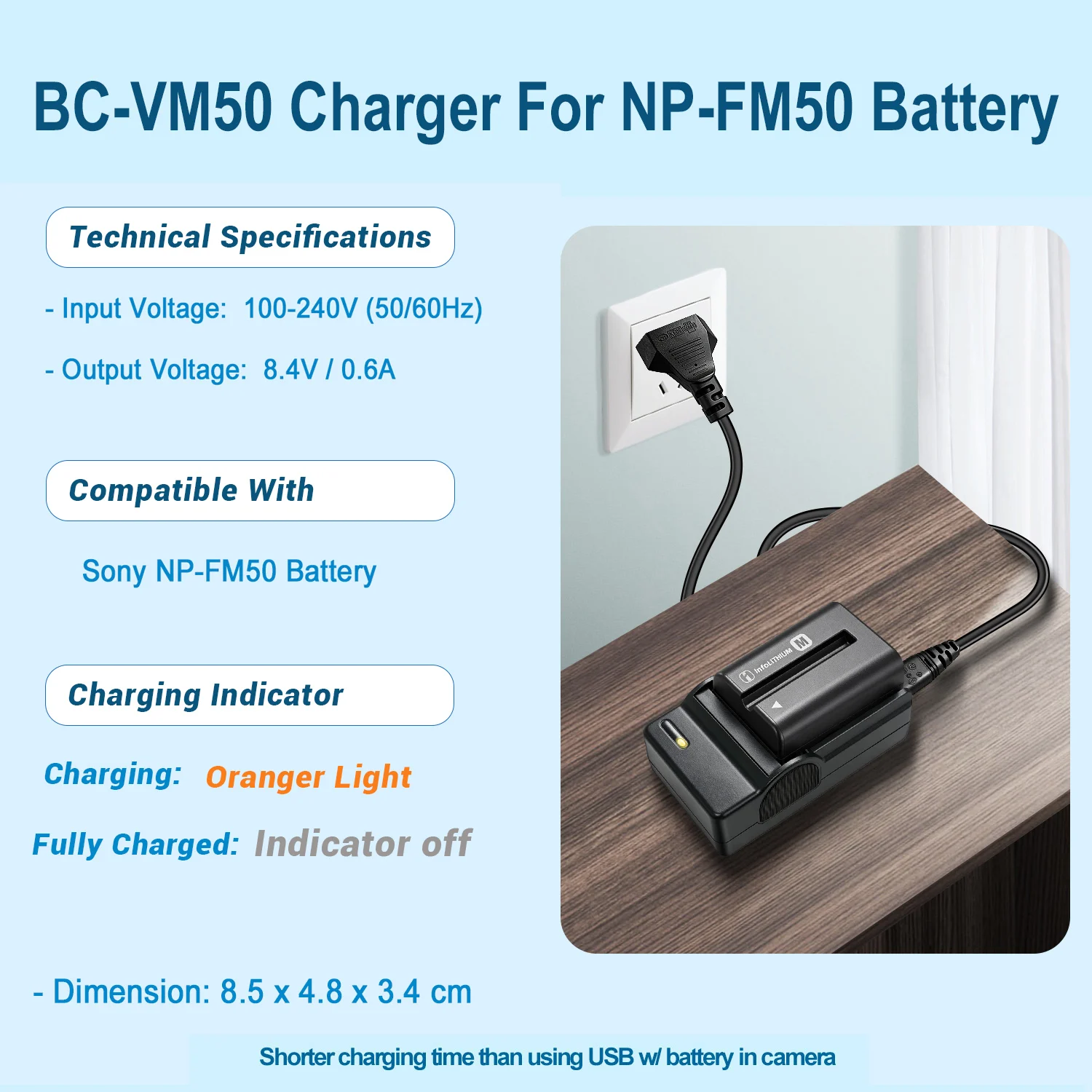 für Sony NP-FM30, FM50, FM55H, QM50, QM51, FM70, FM71, QM71, QM71D, FM90, FM91, QM91, QM91D Akkuladegerät BC-VM50 – Detail 2