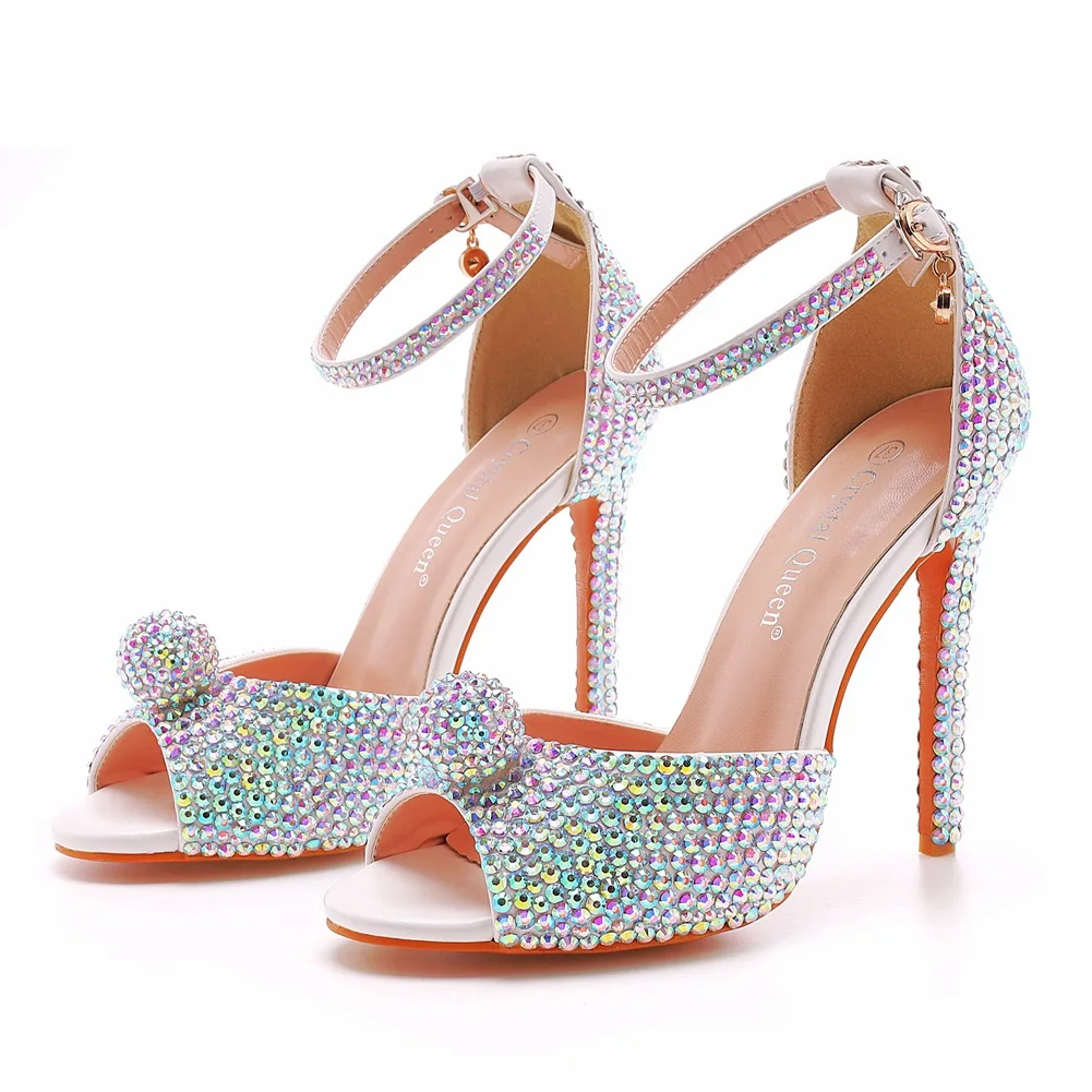 

Korean Style High Heel Sandals 11cm Fish Mouth Strap round Head Large Size Thin Heel Sandals Water Diamond Ball Bead Slip-On ...