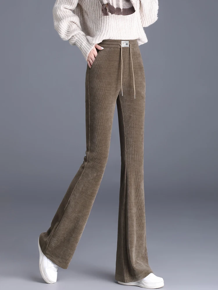 

High Waist Thickened Fleece Corduroy Women's Autumn Winter Bell Bottom Pants Elastic Waist Slimming Casual Trousers