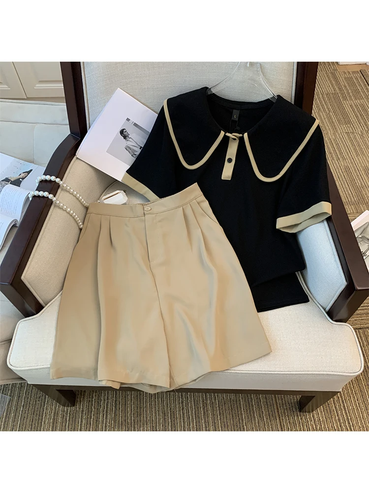 2023 Summer Casual Patchwork Two-piece Set Women Short Sleeve Peter pan Collar Top + Shorts Vintage 2 Piece Shorts Set Outfits