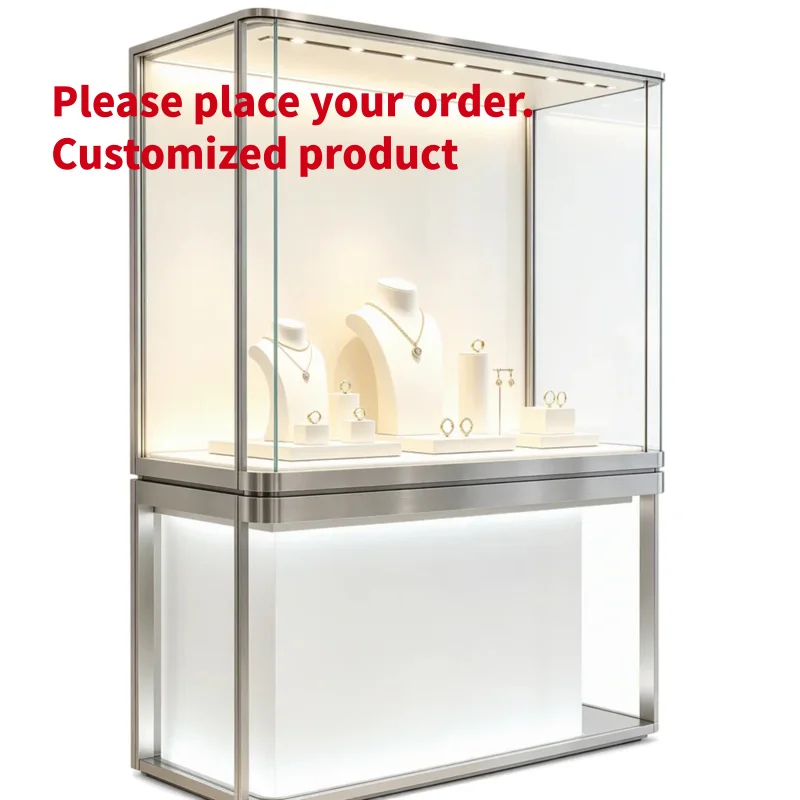 custom.Custom Size Wall-Mounted Stainless Steel Jewelry Display, LED Light Lockable Glass Vitrine Jewelry Sto