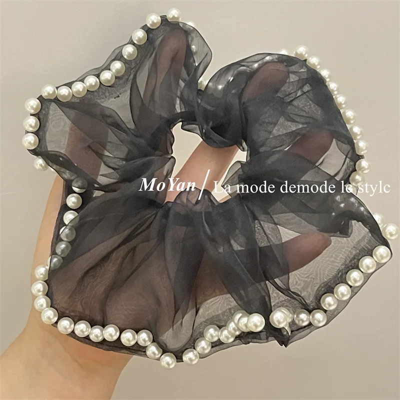 Super Large Scrunchies for Girls Hair Ties With Pearls Yarn Hairties Black White Scrunchie for Thick Hair Accessories