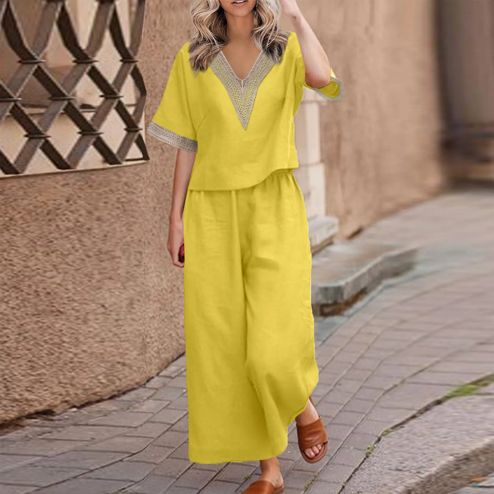 Two Pieces Loose Casual Cotton and Linen Solid Color V-neck Top Cropped Pants Spring Summer Fashionable Simple Women Clothing