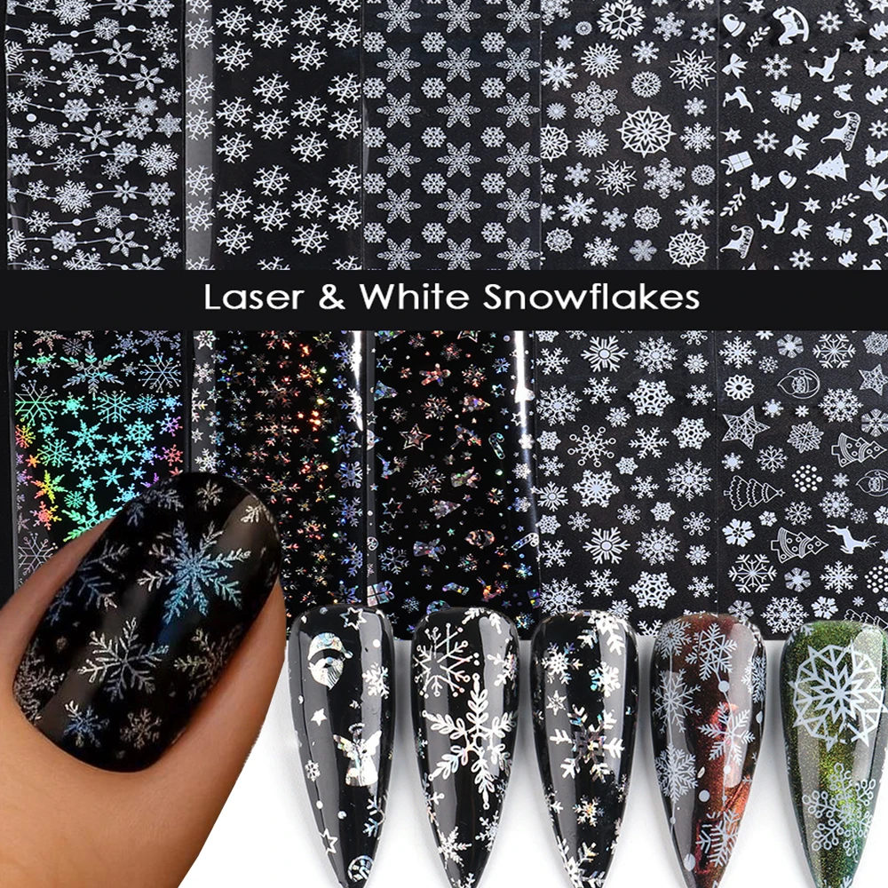 10Pcs Laser Holographic White Snowflake Nail Transfer Foil Stickers Multiple Snowflakes Pattern Nail Transfer Decals DIY Decor