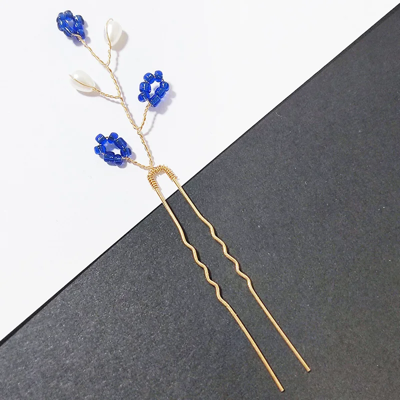Mujer elegante Color azul perla de cristal forma de U palo de pelo horquillas de boda herramienta de peinado herramientas Tiara nupcial accesorios para el cabello