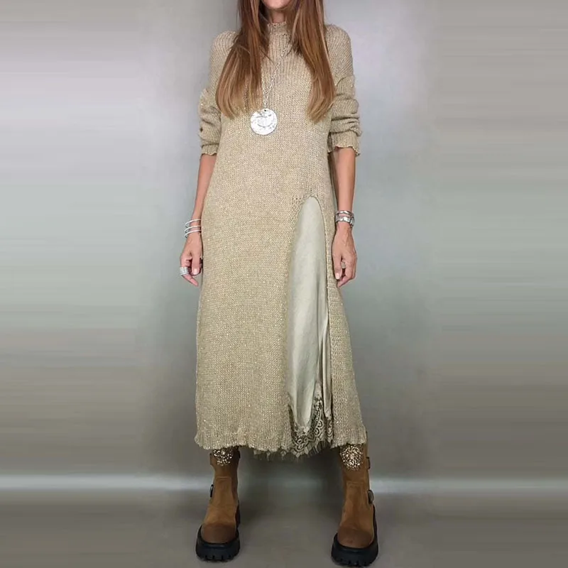 Suéter Vintage de manga larga para mujer, conjunto de vestido Halter de encaje a juego, conjuntos sueltos de viaje a la moda, conjuntos elegantes de dos piezas con dobladillo con borlas