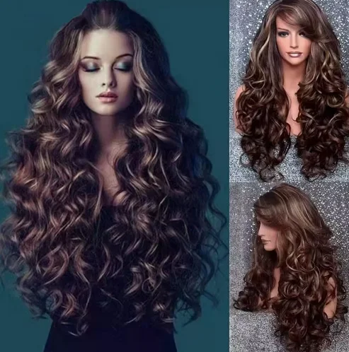 Brown Curly Synthetic Wig Long Wigs for WomenBody Wave Wigs Natural Look Wave Curly Hair Wig Pre Plucked Soft Comfortable Wigs