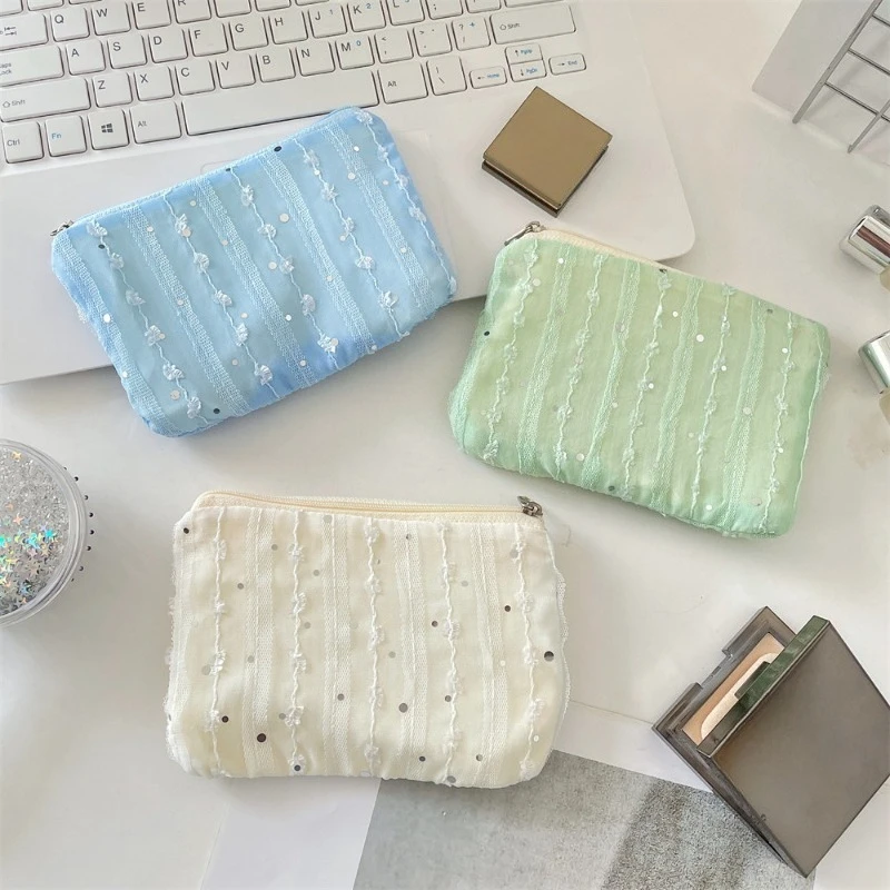 

Glitter 3D Chiffon Flower Coin Purse Women's Key Lipstick Earphone Holder Organizer Pouch for Essentials Small Wallet Accessory