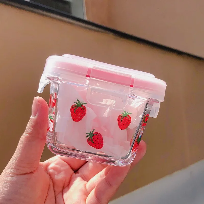 Korean Strawberry Mini Sealed Box Sweet Girl Heart Glass Fruit Snack Box Small Capacity Fresh Box Jars with Lid