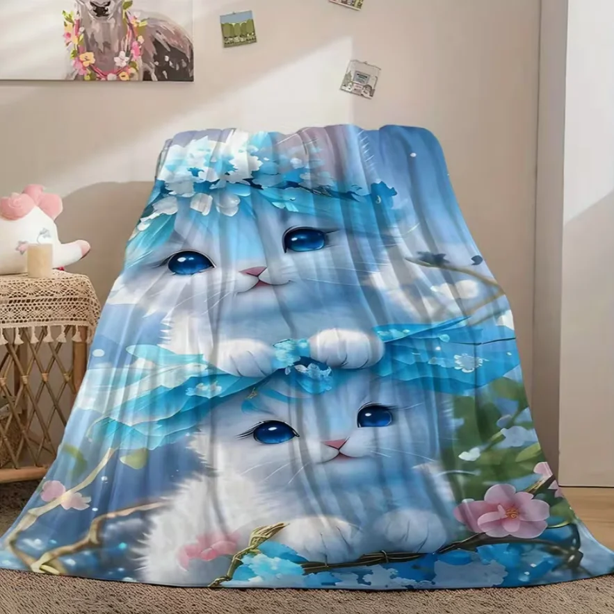 Four Seasons Blanket with Two Blue Kitten Pattern Warm Cozy Blanket Sofa Bed Blanket for Office Camping Travel Home Decor