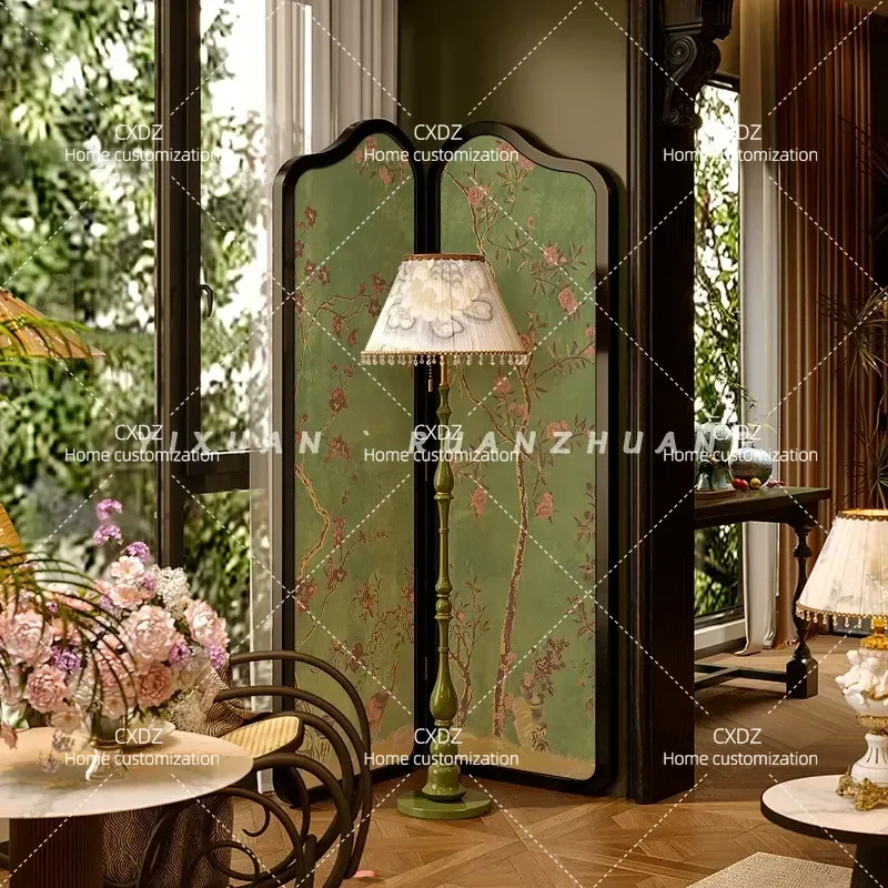 French Retro Green Floral Bird Solid Wood Screen Partition Foldable Mobile Divider for Living Room Homestay Clothing Store