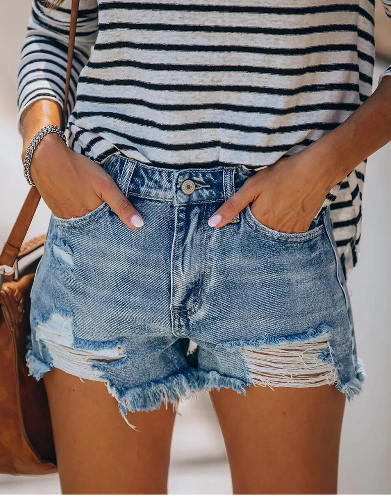 2025 sommer Neue frauen Zerrissene Denim Shorts Mode Hohe Elastische Quaste Gerade Jeans Shorts Casual Sexy Damen Shorts