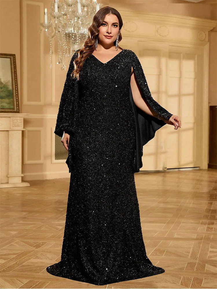 Plus Size V Neck Sleeveless Sequin Cape Black Bridesmaid Party Big Size 5xl6xl Roddu Sparkling Evening Dress For Women 2024