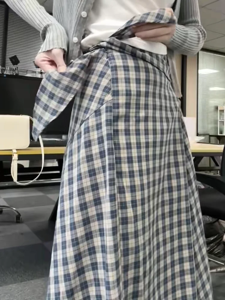 

Юбка миди А-силуэта с высокой талией, повседневная, в клетку, весна 2025, универсальная, свободного кроя, с поясом, в корейском стиле, больших размеров