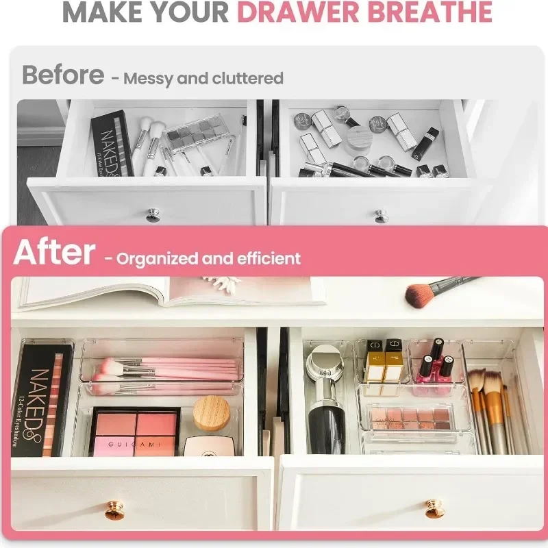 4pcs Clear Drawer Storage Box Plastic Desk Dresser Cosmetic Table Drawer Divider Box Makeup Storage Container Vanity Organizer