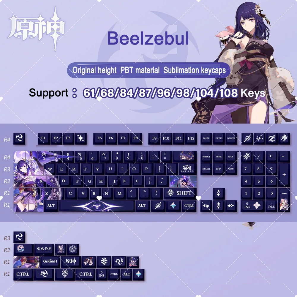 128 Keys Genshin Impact Keycaps XDA Profile PBT DYE-Sublimation Mechanical Keyboards Keycap Hutao Anime Game Keycaps MX Switches