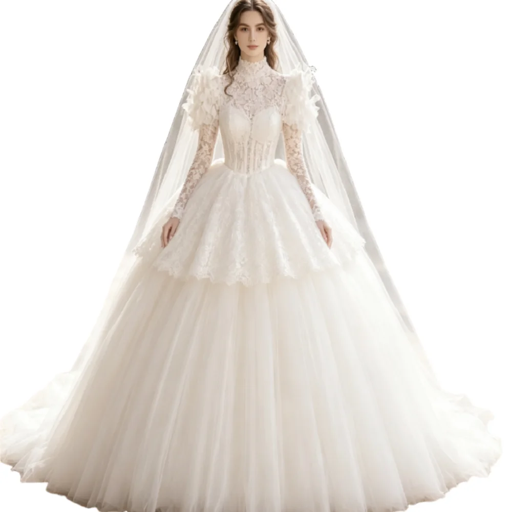 Romantic Victorian Medieval Wedding Dress 2026 3D Petal Puff Ruffles Princess Long Sleeve Fairytale Baroque Bridal Gowns gypsy