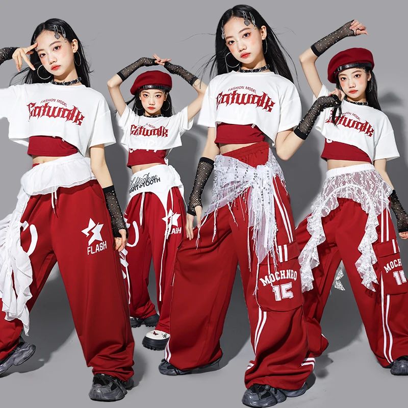 

Детские K-pop костюмы: укороченный топ, многоярусные юбки, красные брюки, хип-хоп уличная одежда, джазовые наряды для девочек, комплекты для детских групп