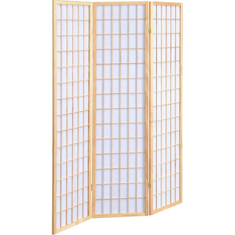 3-Panel Wooden Shoji Room Divider with Linear Grid, Metal Hinges, Natural Brown Finish