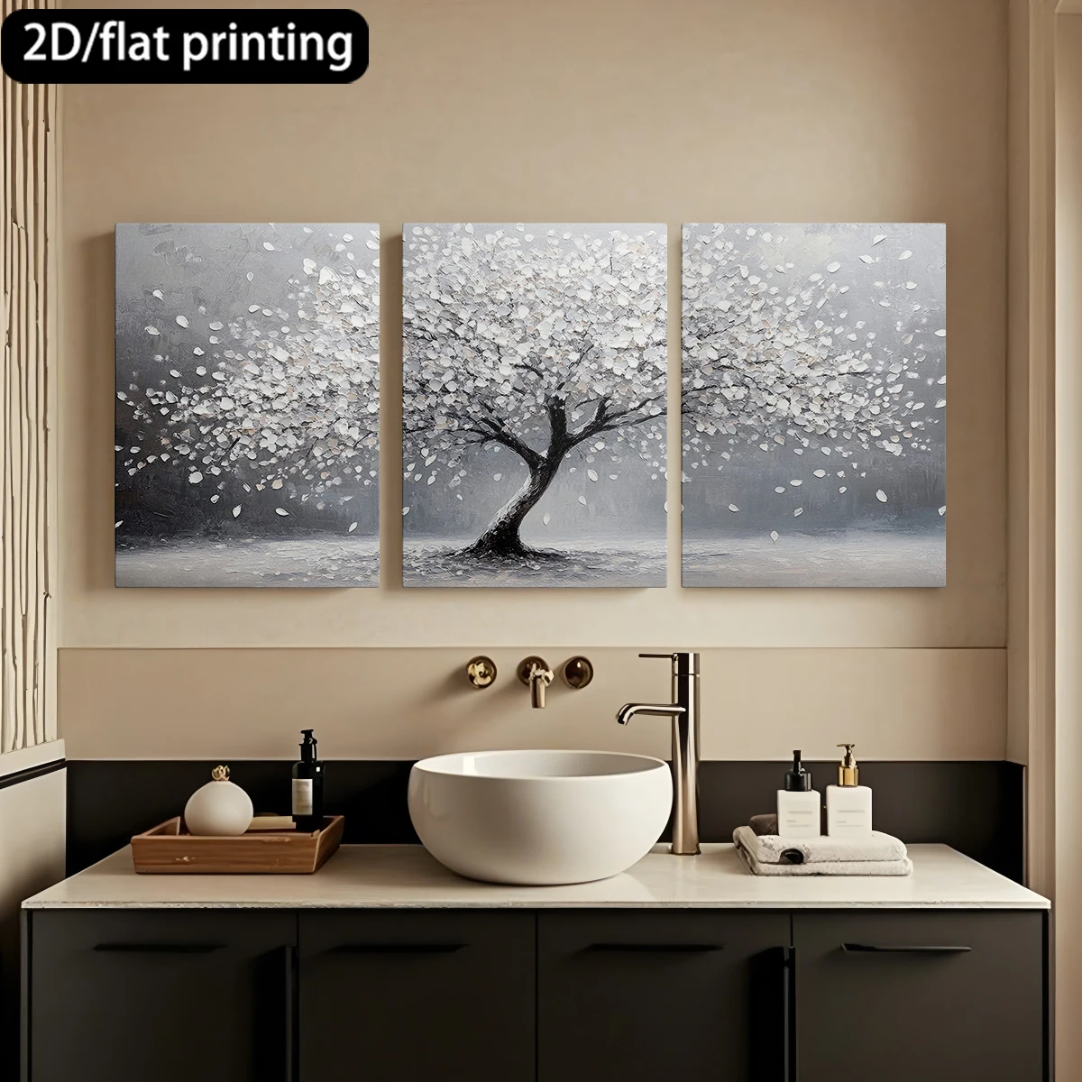 2D flat printing  3pc wooden frame canvas decorative painting White petal tree, serene scene.Corridor bedroom decoration