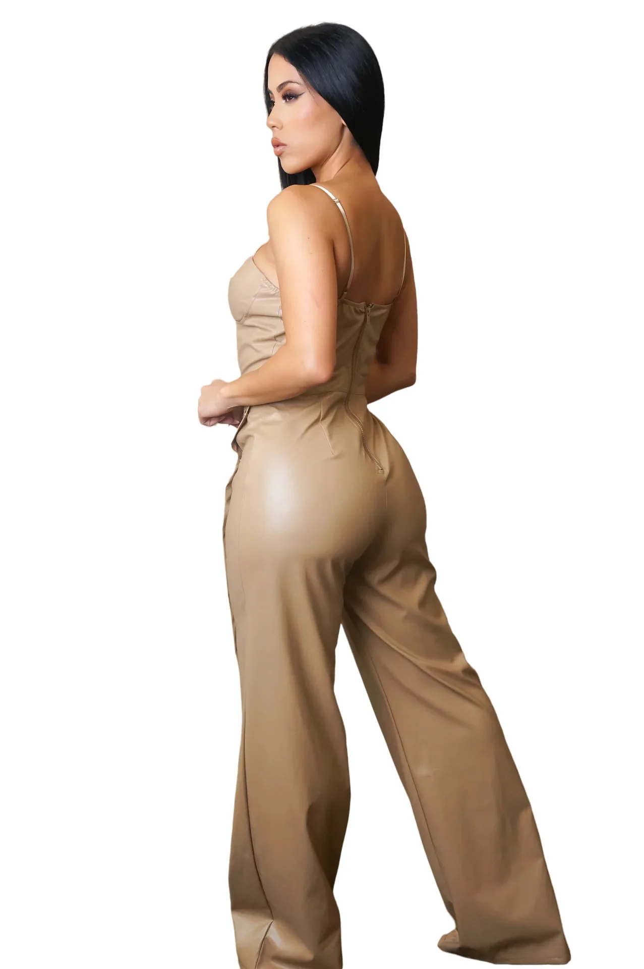 EINY Women's Sleeveless PU Leather Wide Leg Jumpsuit with Button Slim Fit Solid Color Loose Straight-Leg Party Romper for Women
